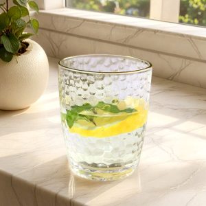12-Pack Plastic Tumblers 14oz Shatterproof Reusable Hammered Cups – Clear with Gold Rim – Cocktail Drinkware